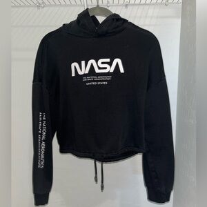 NASA Black & White Cropped Drawstring Light Hoodie